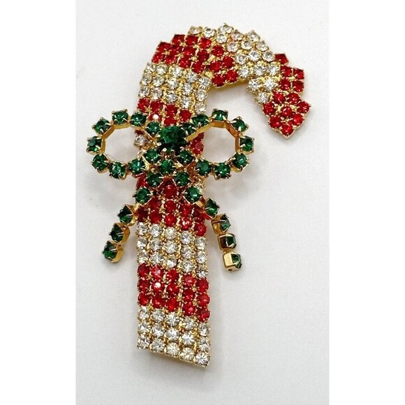 Red & Clear Rhinestone Christmas Candy‎ Cane Green Bow Pin Brooch - Picture 1 of 3
